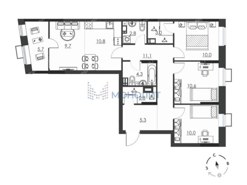 четырёхкомнатная квартира на Витебской улице